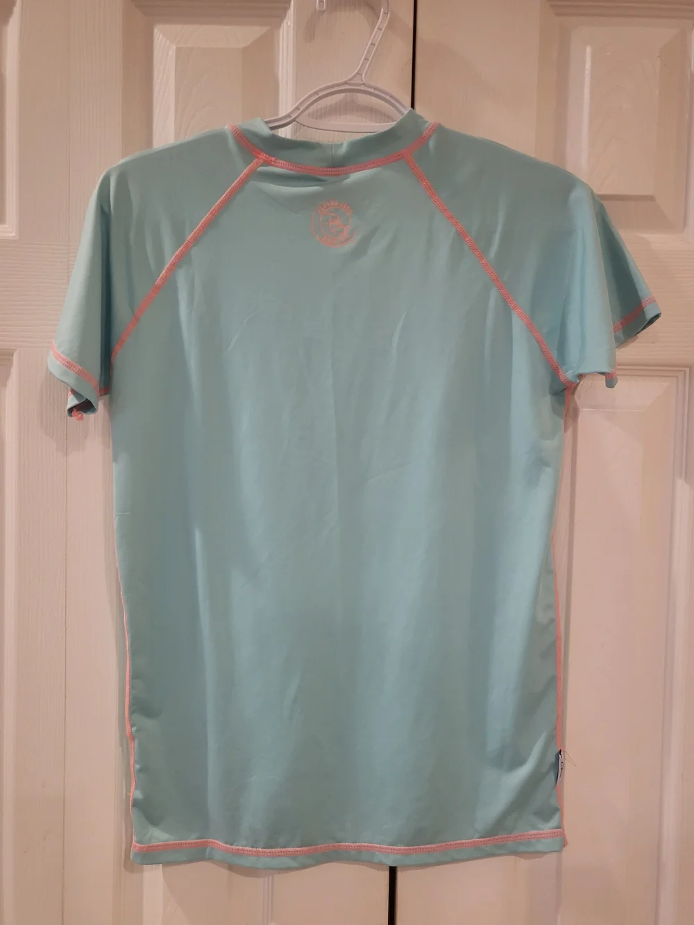 Panama Jack Men’s Short-Sleeve Swim Rash Guard - Light Aqua with Pink Trim